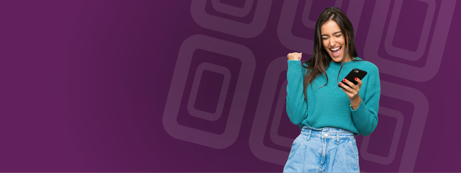 Excited Woman holding a phone for an online banking promo